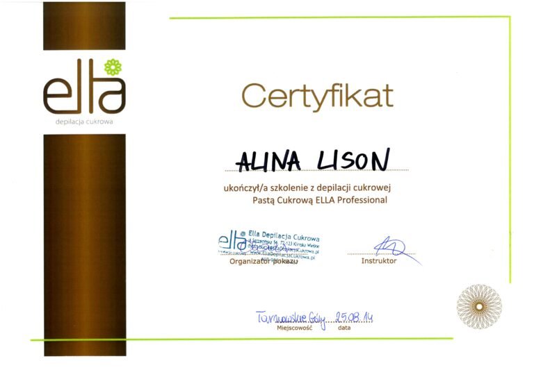 Certyfikaty i kompetencje Alina Lison pomolog kosmetyka profesjonalna