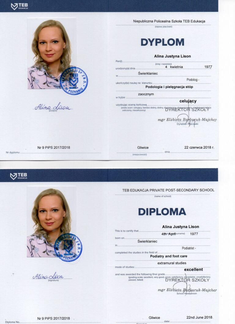 Certyfikat Alina Lison podologia Bytom