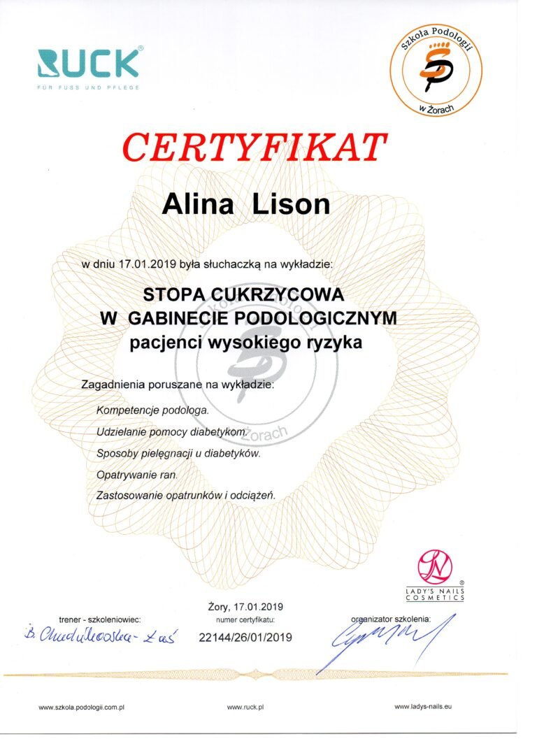 Certyfikaty i kompetencje Alina Lison pomolog kosmetyka profesjonalna