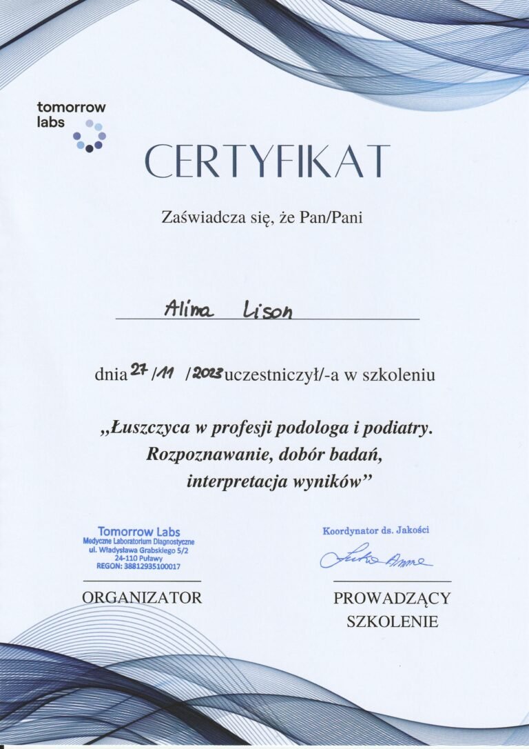 Certyfika Kosmeo labs podologia bytom